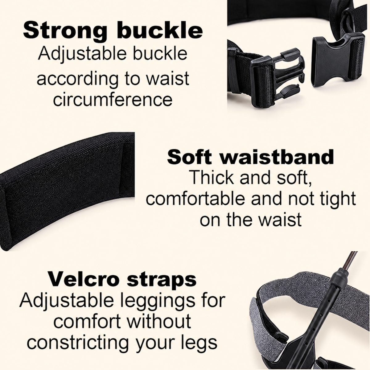 Adjustable buckle, padded waistband and leg straps