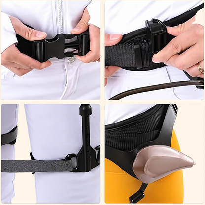 StrideLift waist buckle and leg strap fitting details
